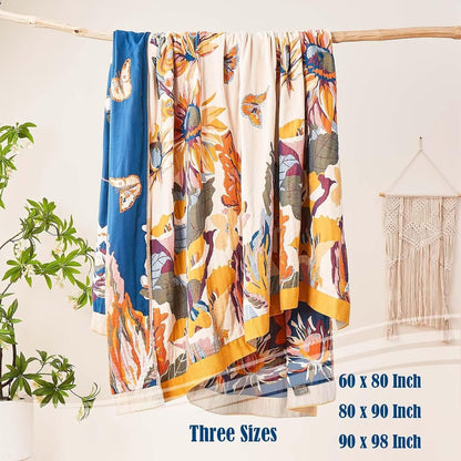 Boho Throw Blanket, 100% Cotton Ultra Soft Luxury Throw Rustic Quilt, 60"x80" Floral Bird Butterfly
