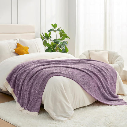 Snuggle Sac Buttery Purple Throw Blanket for Couch, Reversible Super Soft Knitted Blankets, Warm