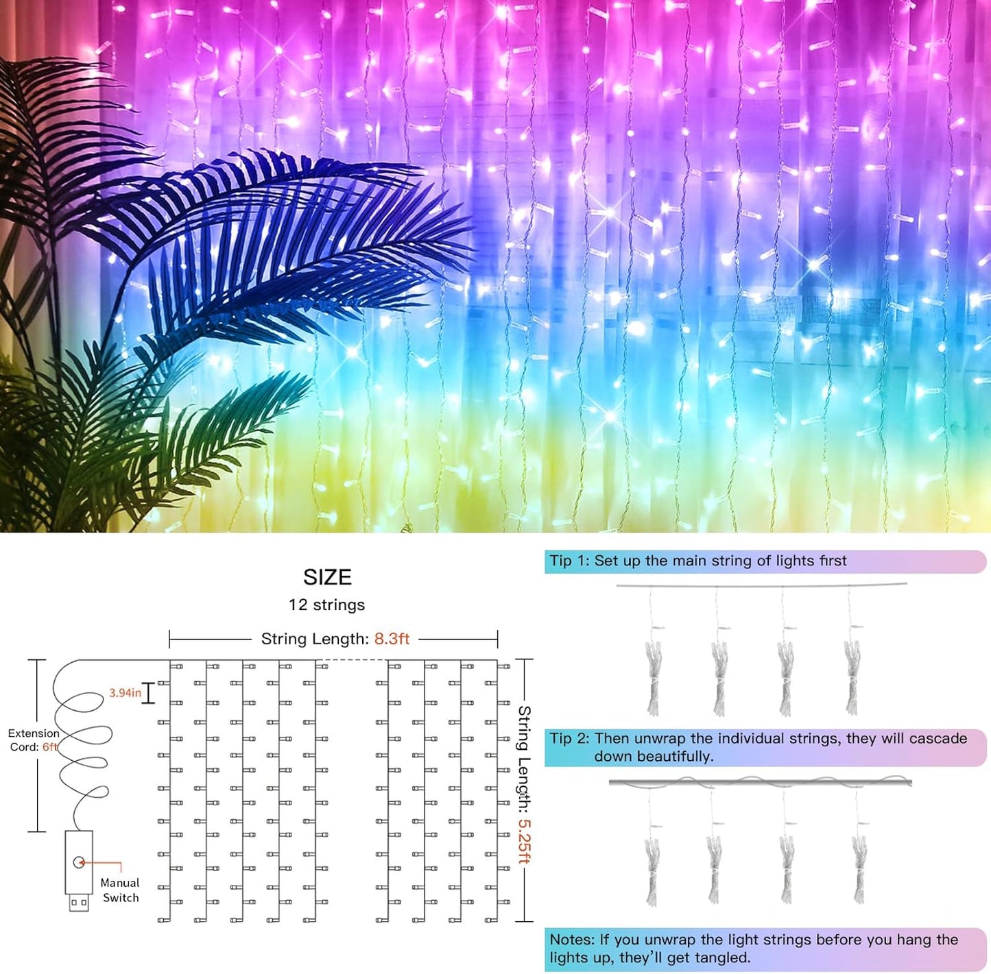 suddus Curtain Lights for Bedroom, 192 Led 8.3ft x 5.25ft Hanging String Lights Outdoor, Fairy