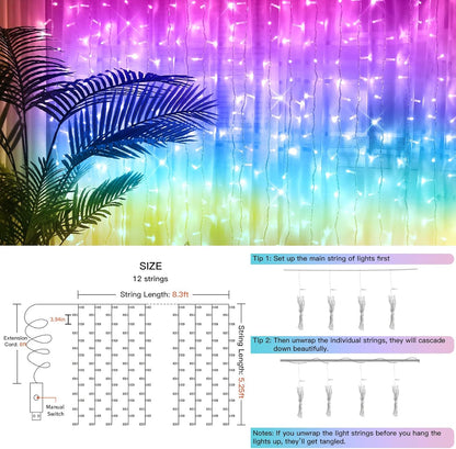 suddus Curtain Lights for Bedroom, 192 Led 8.3ft x 5.25ft Hanging String Lights Outdoor, Fairy