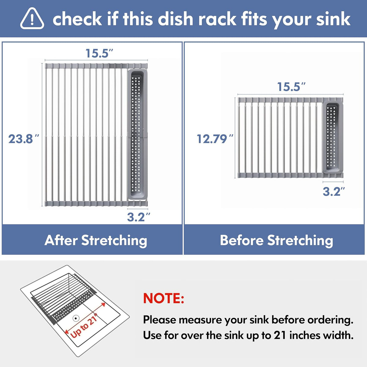 Over The Sink Dish Drying Rack for Kitchen, Expandable (12.8"-23.8" D x 15.5" W) Roll Up Dish