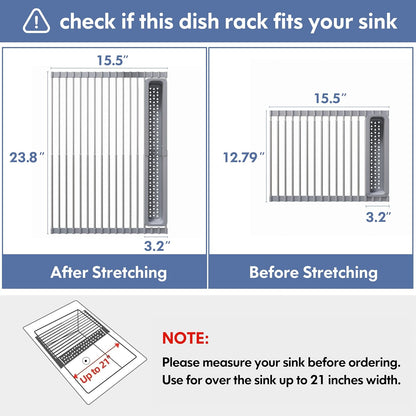 Over The Sink Dish Drying Rack for Kitchen, Expandable (12.8"-23.8" D x 15.5" W) Roll Up Dish