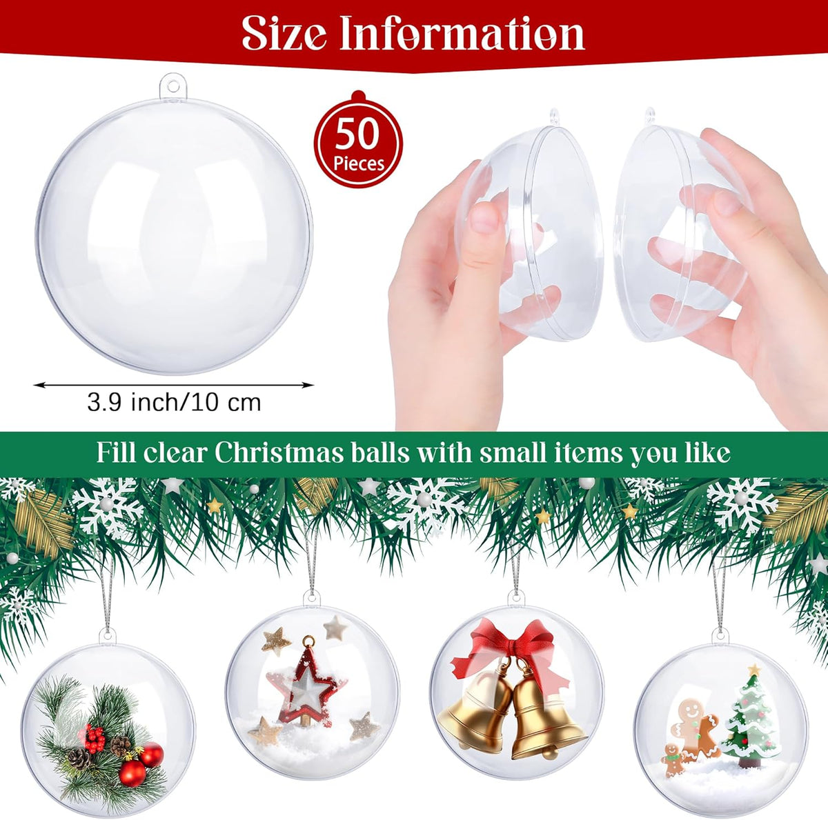 ANVAVO 50 Pieces 10 cm Christmas Clear Plastic Fillable Ball Ornaments DIY Craft Transparent