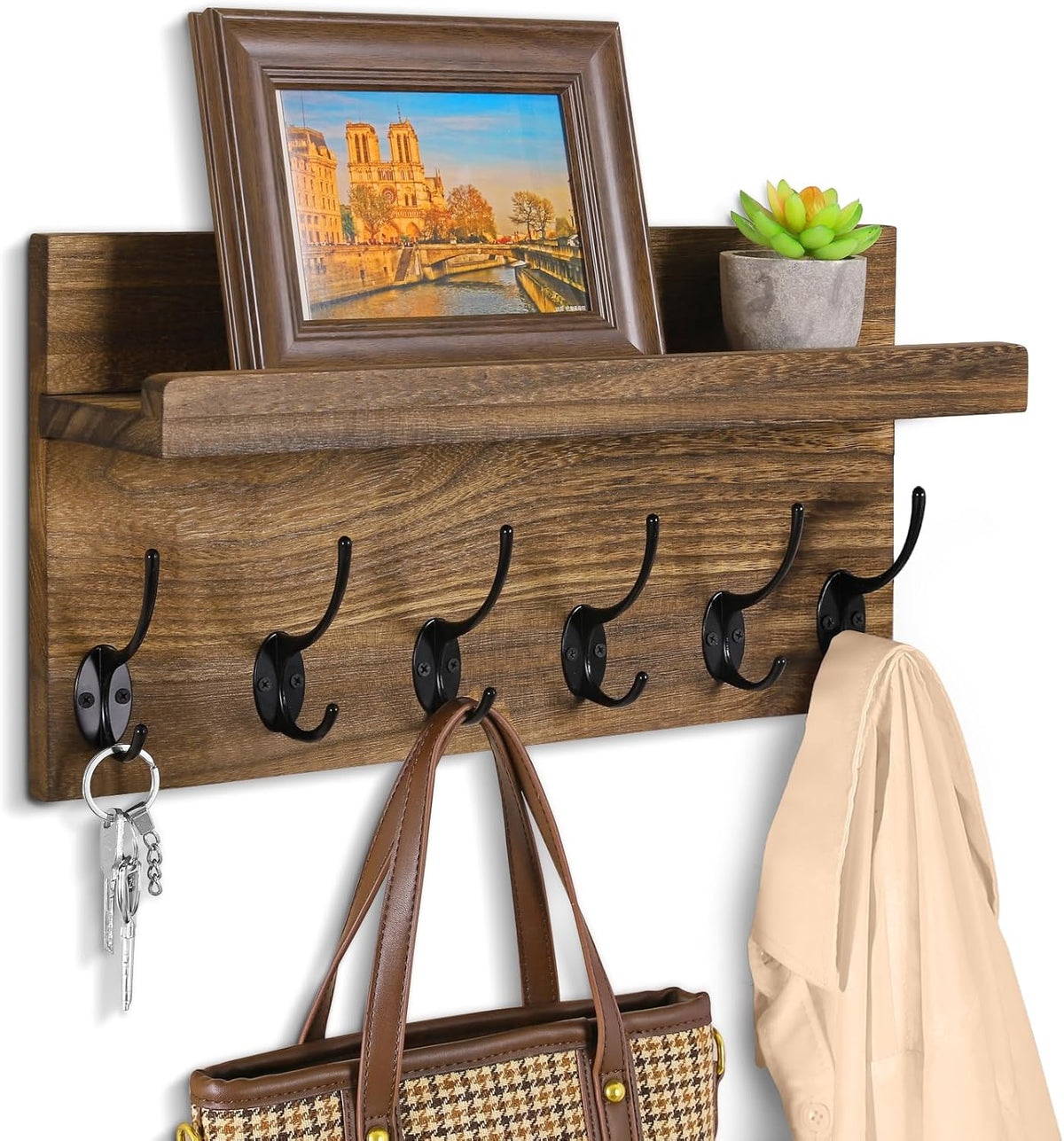 Shelf with Hooks, Coat Rack Wall Mount with 6 Double Metal Hooks, 17 Inch Farmhouse Wall Hooks with