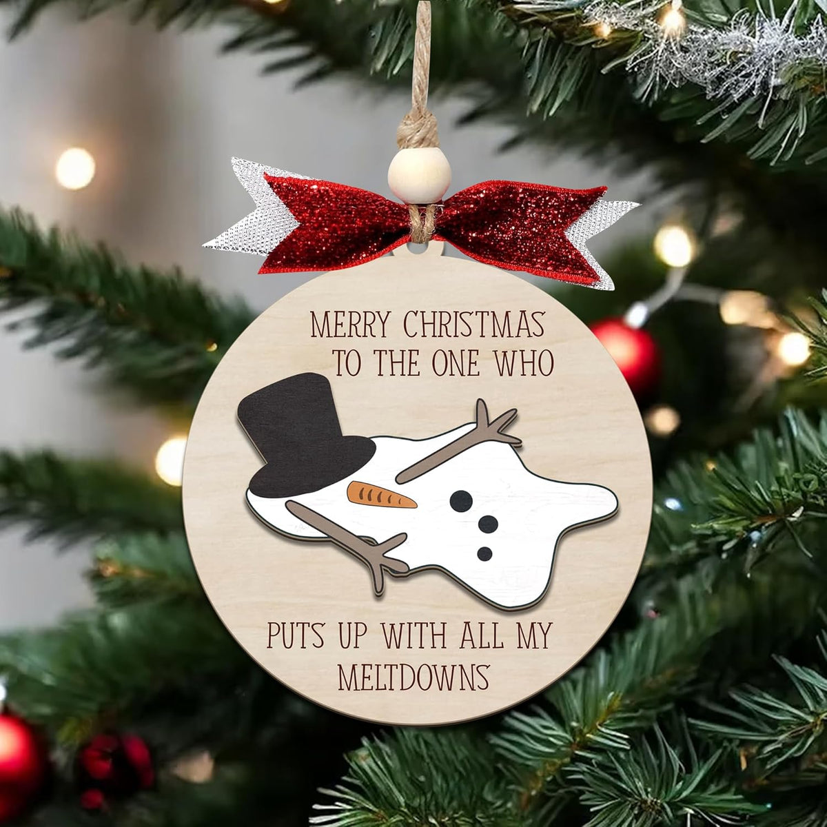 Funny Christmas Ornament – Snowman Meltdown Quote Wooden Round Tree Decoration, Hilarious Gift for