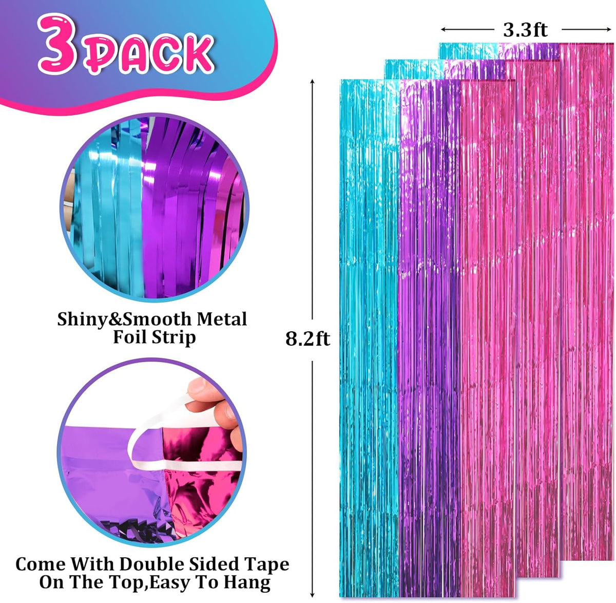 3 Pack 3.3 x 8.2 ft Blue Purple Pink Foil Fringe Backdrop Curtains, Tinsel Streamers Party