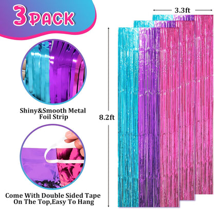 3 Pack 3.3 x 8.2 ft Blue Purple Pink Foil Fringe Backdrop Curtains, Tinsel Streamers Party