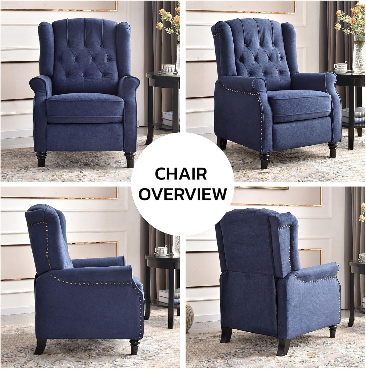 EBELLO 2 Pcs Pushback Recliner Chairs, Fabric Armchair Push Back Recliner with Rivet Decoration
