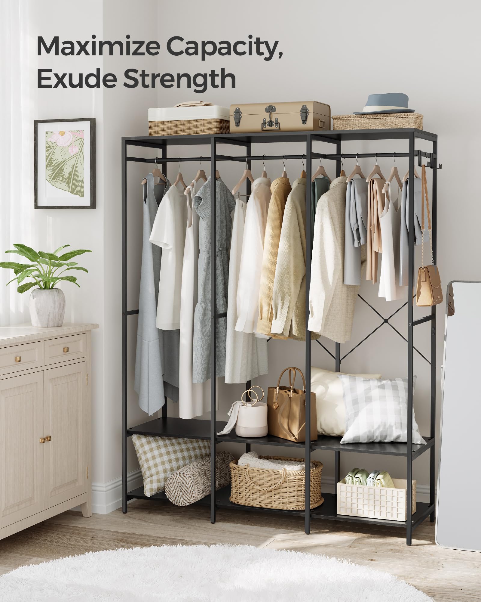 SONGMICS Clothes Rack, Iron and Wood Wardrobe Closet Organizer