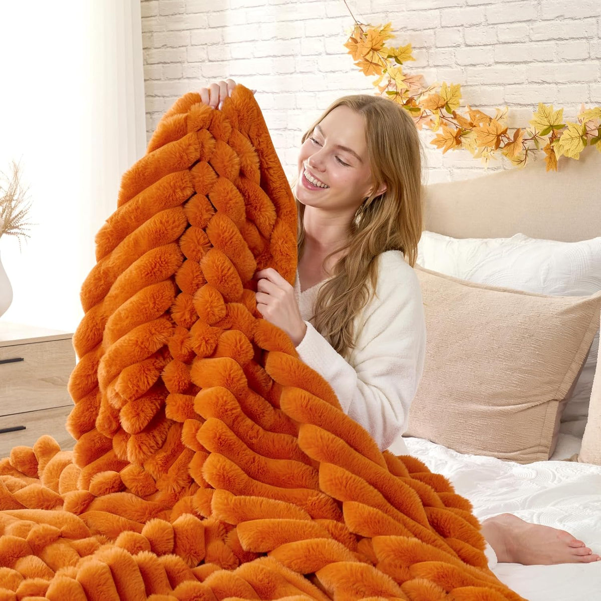 Cozy Bliss Fall Harvest Faux Fur Throw Blanket for Couch, Cozy Warm Plush Striped Blanket for for