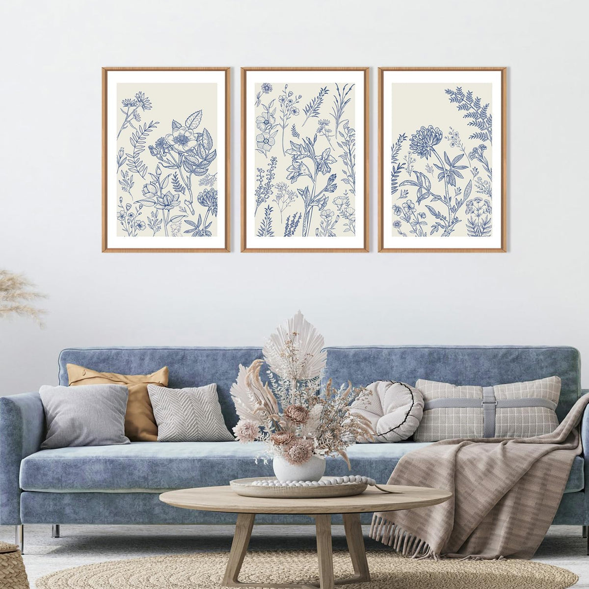 HPINUB Classic Chinoiserie Floral Framed Canvas Wall Art Set,Watercolor Blue and White Botanical