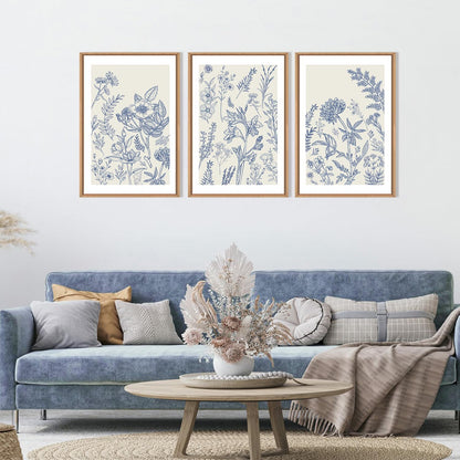 HPINUB Classic Chinoiserie Floral Framed Canvas Wall Art Set,Watercolor Blue and White Botanical