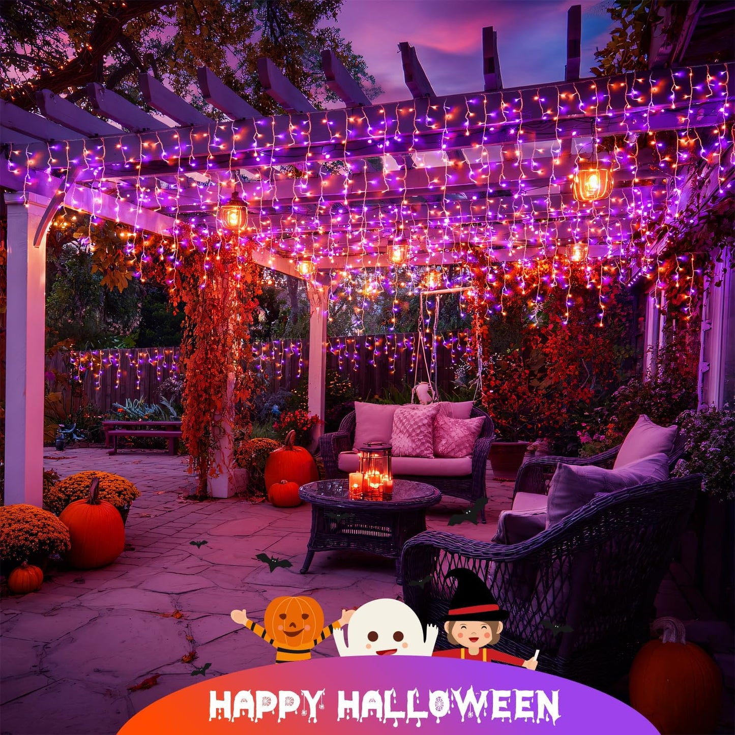 JMEXSUSS 400 LED Orange and Purple Halloween Lights Outdoor, 38.8 FT Orange and Purple Icicle Light