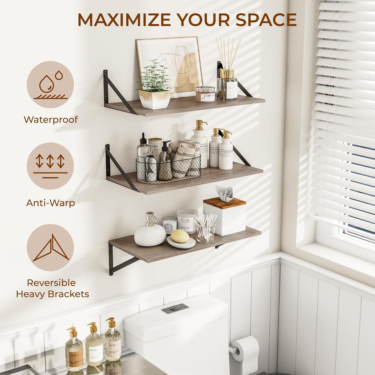Heimlove 24" W x 12" D Wall Shelves for Books, 12 Inch Deep Floating Shelves Set of 3, Wide