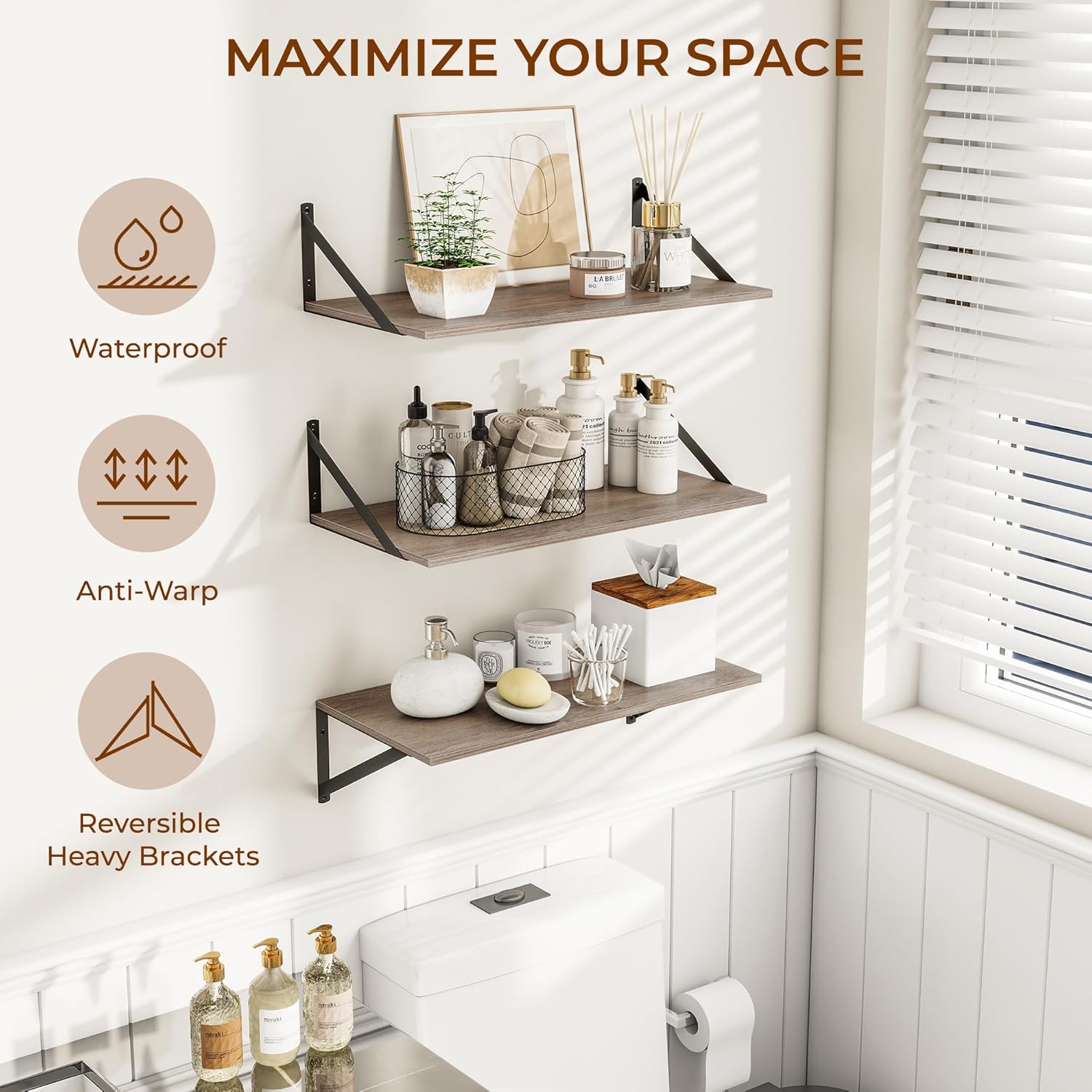 Heimlove 24" W x 12" D Wall Shelves for Books, 12 Inch Deep Floating Shelves Set of 3, Wide
