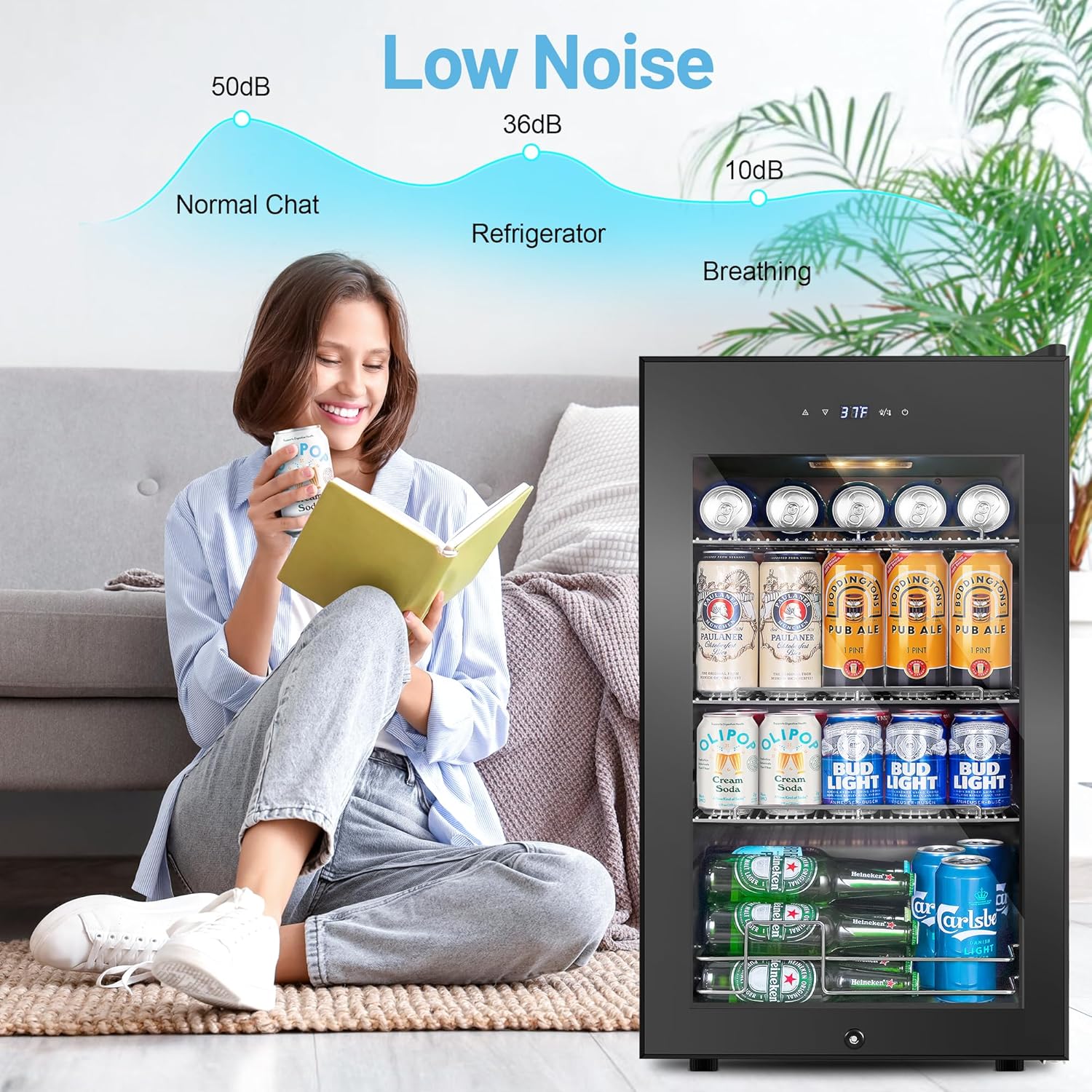 Beverage Refrigerator Cooler, 17 Inch 120 Cans Freestanding Mini Fridge with Glass Door, Adjustable