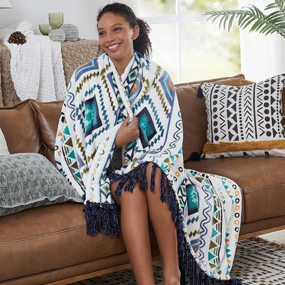 CASAAGUSTO Boho Throw Blanket - Blue and White Decorative Blankets with Tassel, Printed Flannel