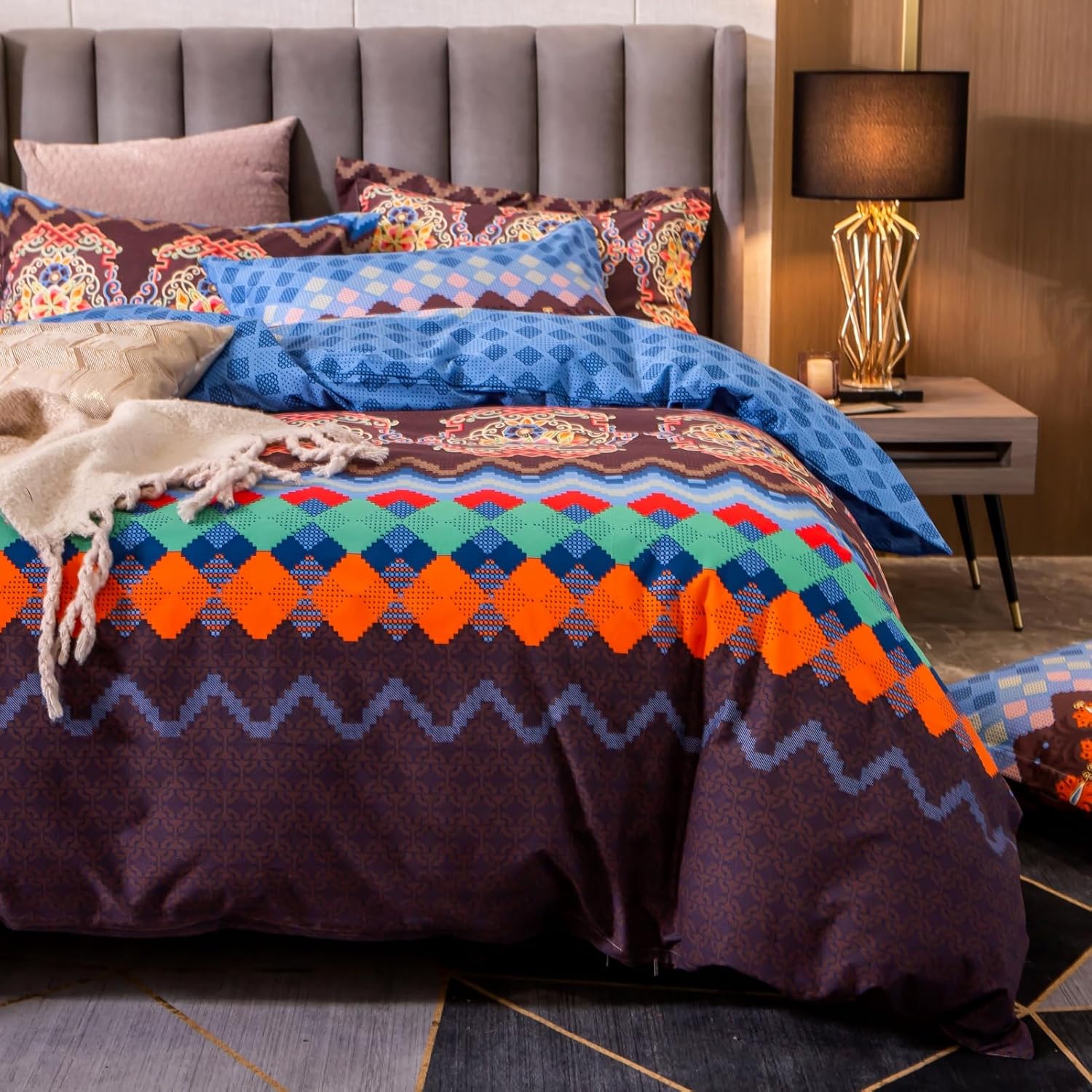 ABREEZE Bohemian Duvet Cover Set Colorful Brown Boho Retro Bedding Set Damask Paisley Cotton Duvet