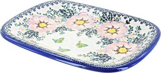 Blue Rose Polish Pottery Apple Blossom Medium Rectangular Serving Platter