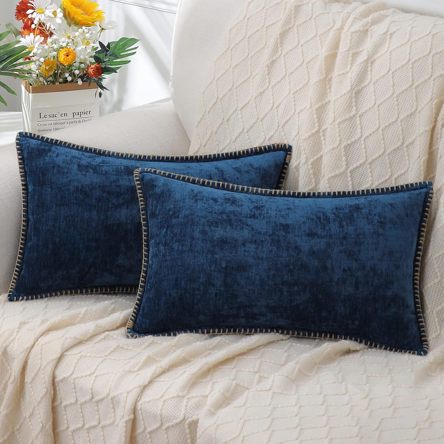 decorUhome Chenille Soft Throw Pillow Covers 12x20 Set of 2, Lumbar Velvet Farmhouse Neutral