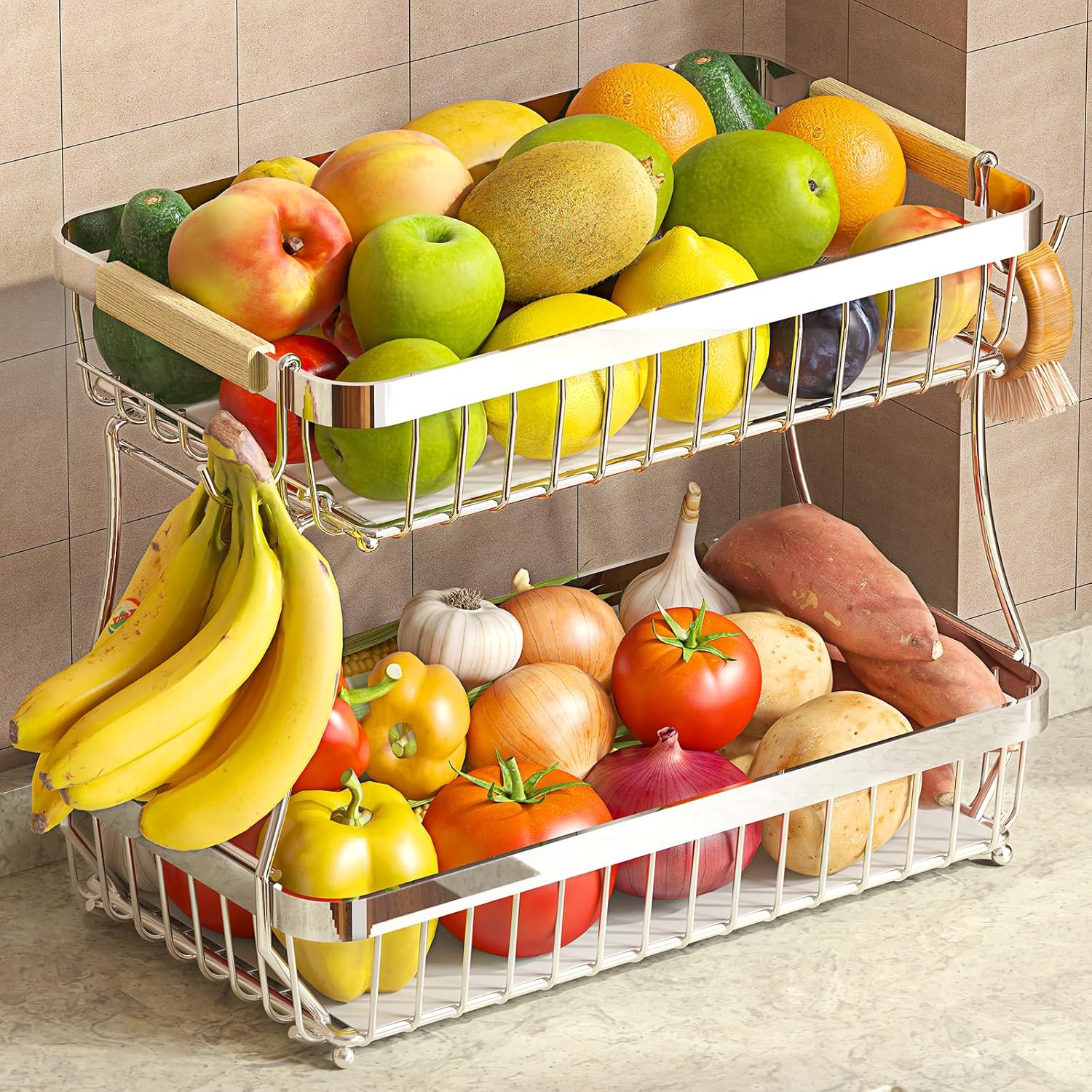 2 Tier Fruit Basket for Kitchen Counter with 2 Banana Hangers, 2025 Pro Detachable Metal Fruit Bowl