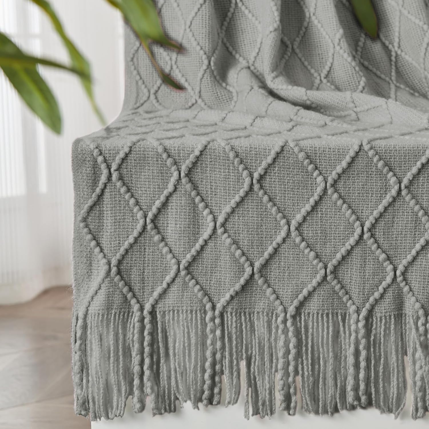 inhand Knitted Throw Blankets for Couch and Bed, Soft Cozy Knit Blanket with Tassel, Light Grey
