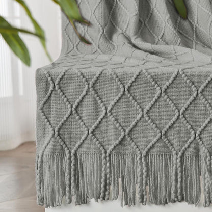inhand Knitted Throw Blankets for Couch and Bed, Soft Cozy Knit Blanket with Tassel, Light Grey