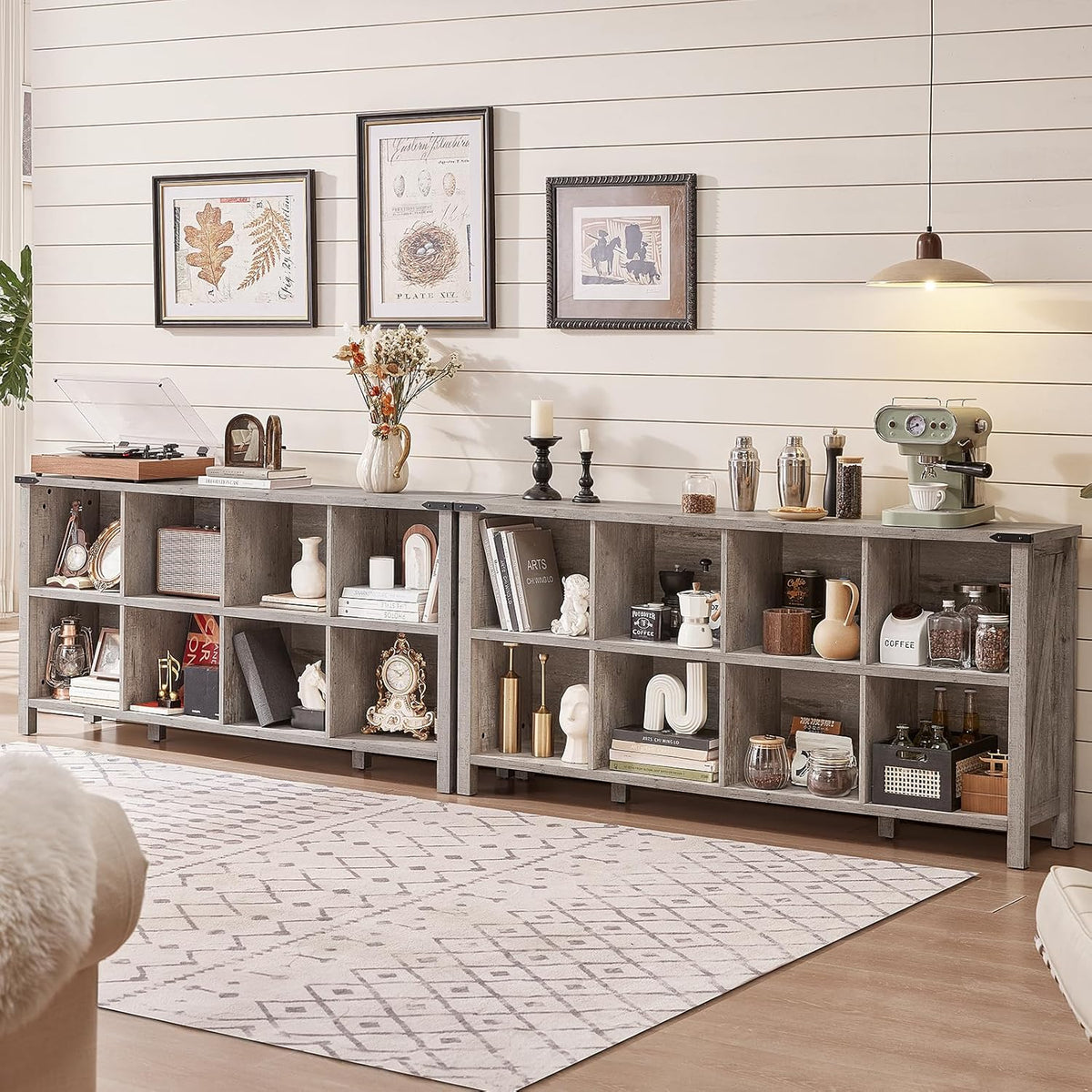 8 Cube Book Shelf, Farmhouse Wood Long Storage Organizer Bookcase, 62" Horizontal Grey Oak Console