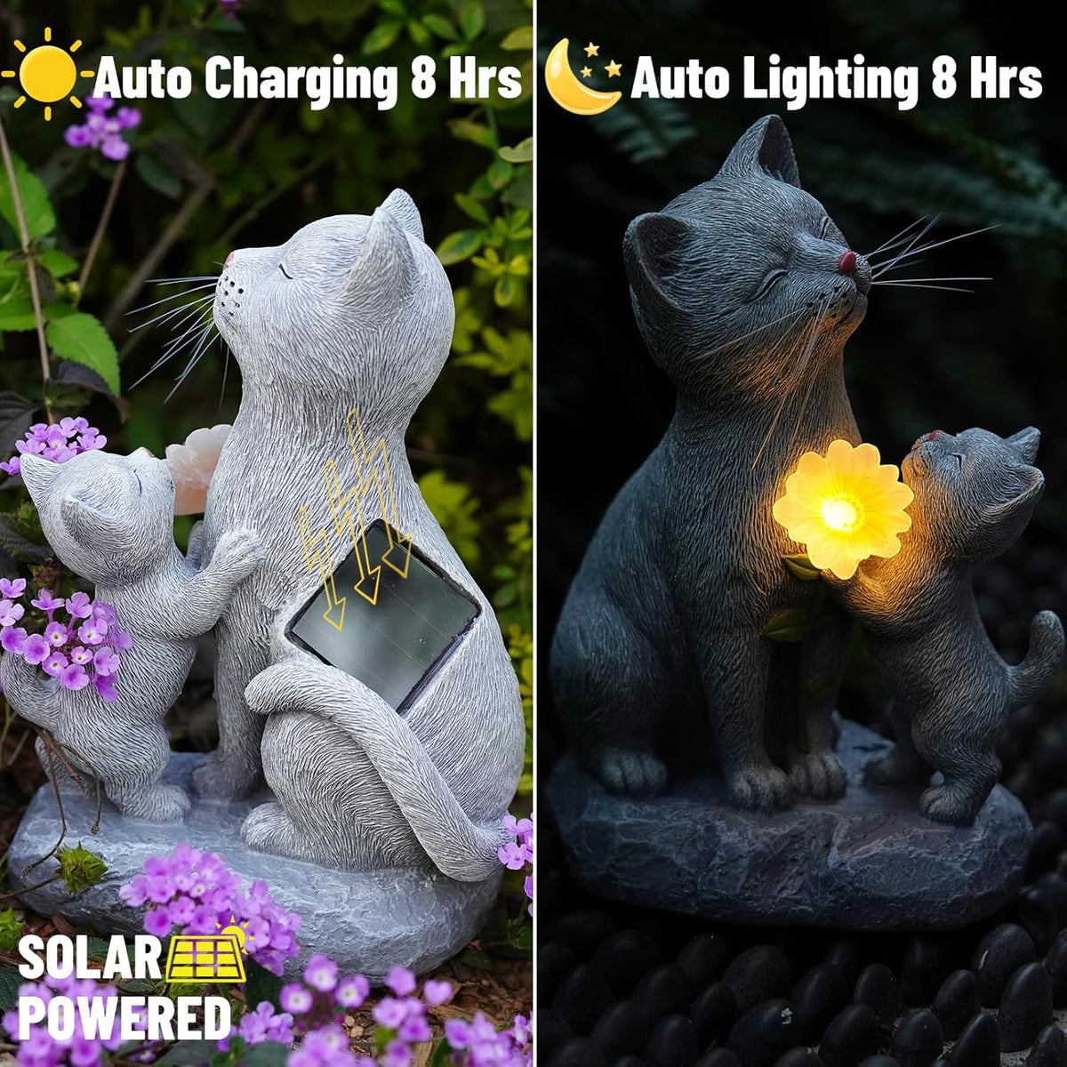 Solar Cat Garden Statue Outdoor Decor - Mother & Kitten Figurines with Flower LED Light, Outside