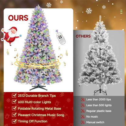 9ft Pre-lit Artificial Christmas Tree with Remote, Snow Flocked Xmas Trees Rotating & Foldable