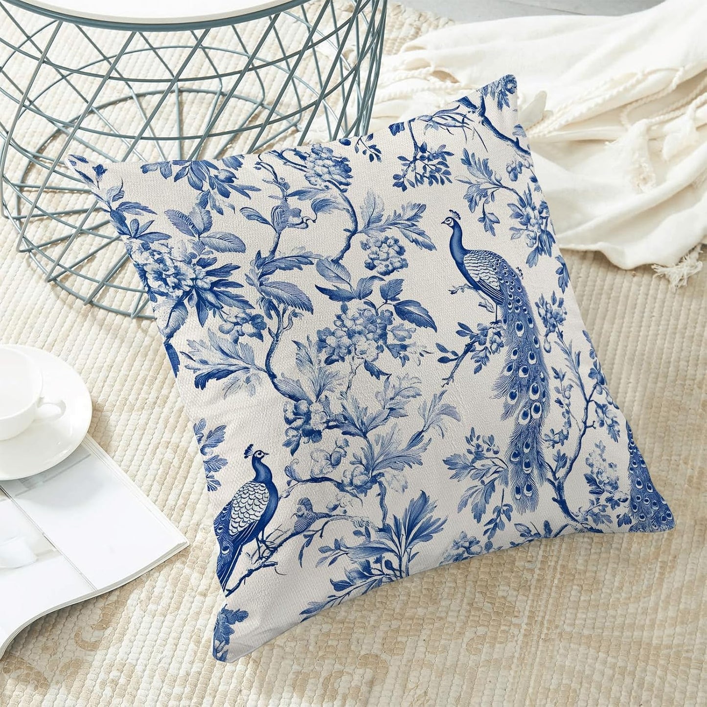 Navy Blue Spring Floral Pillow Covers 18 x 18 Inch Set of 2 for Chinoiserie Flowers Bird Decor