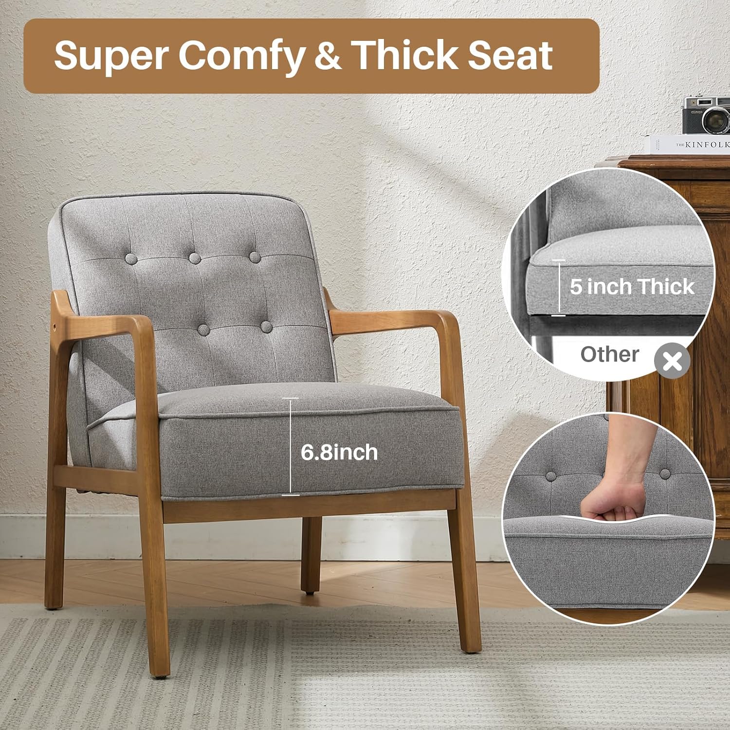 Linen Accent Chair, Mid Century Modern Chair for Living Room, Upholstered Comfy Lounge Armchair