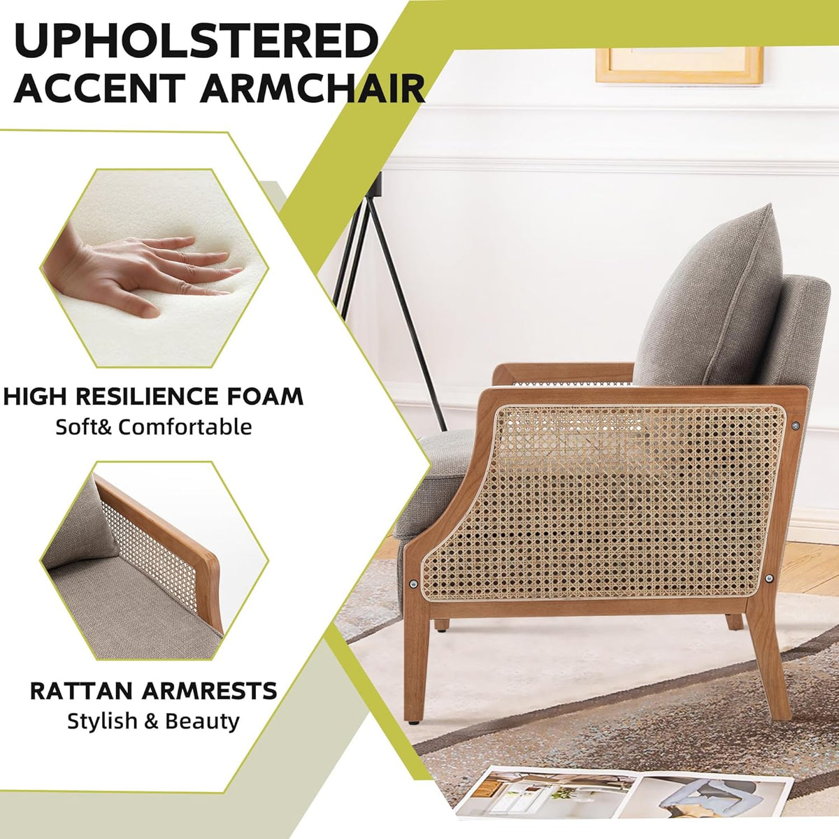 HAOBO Home Mid Century Modern Accent Chair Upholstered Living Room Chairs Armchair with Rattan