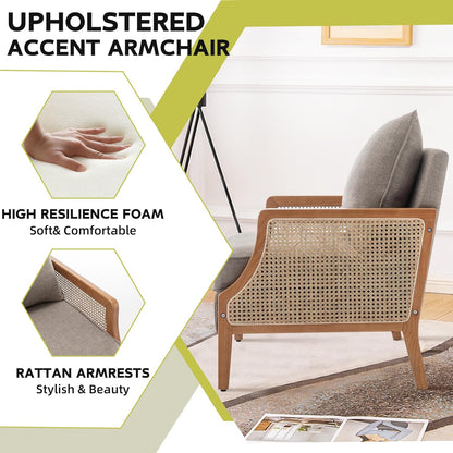 HAOBO Home Mid Century Modern Accent Chair Upholstered Living Room Chairs Armchair with Rattan