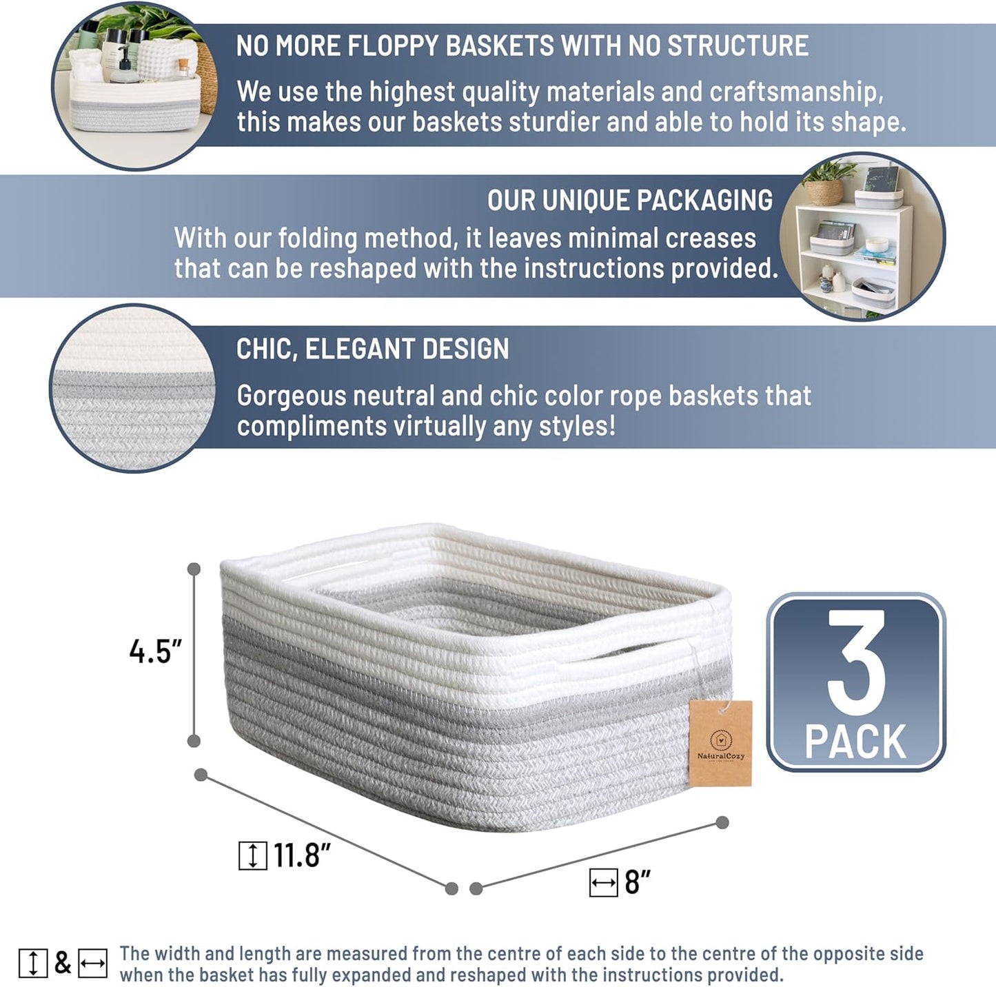 NaturalCozy 11.8"x8"x4.5” Storage Baskets for Shelves 3 Pack | Cotton Rope Woven Small Baskets for