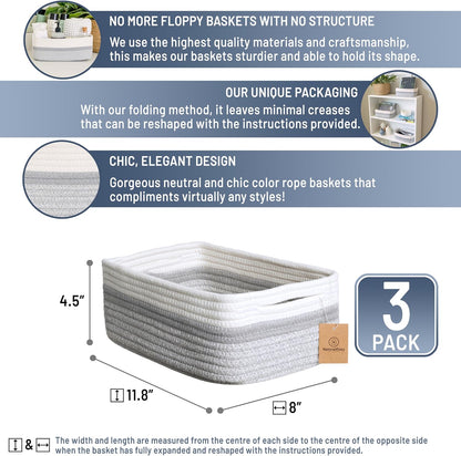 NaturalCozy 11.8"x8"x4.5” Storage Baskets for Shelves 3 Pack | Cotton Rope Woven Small Baskets for