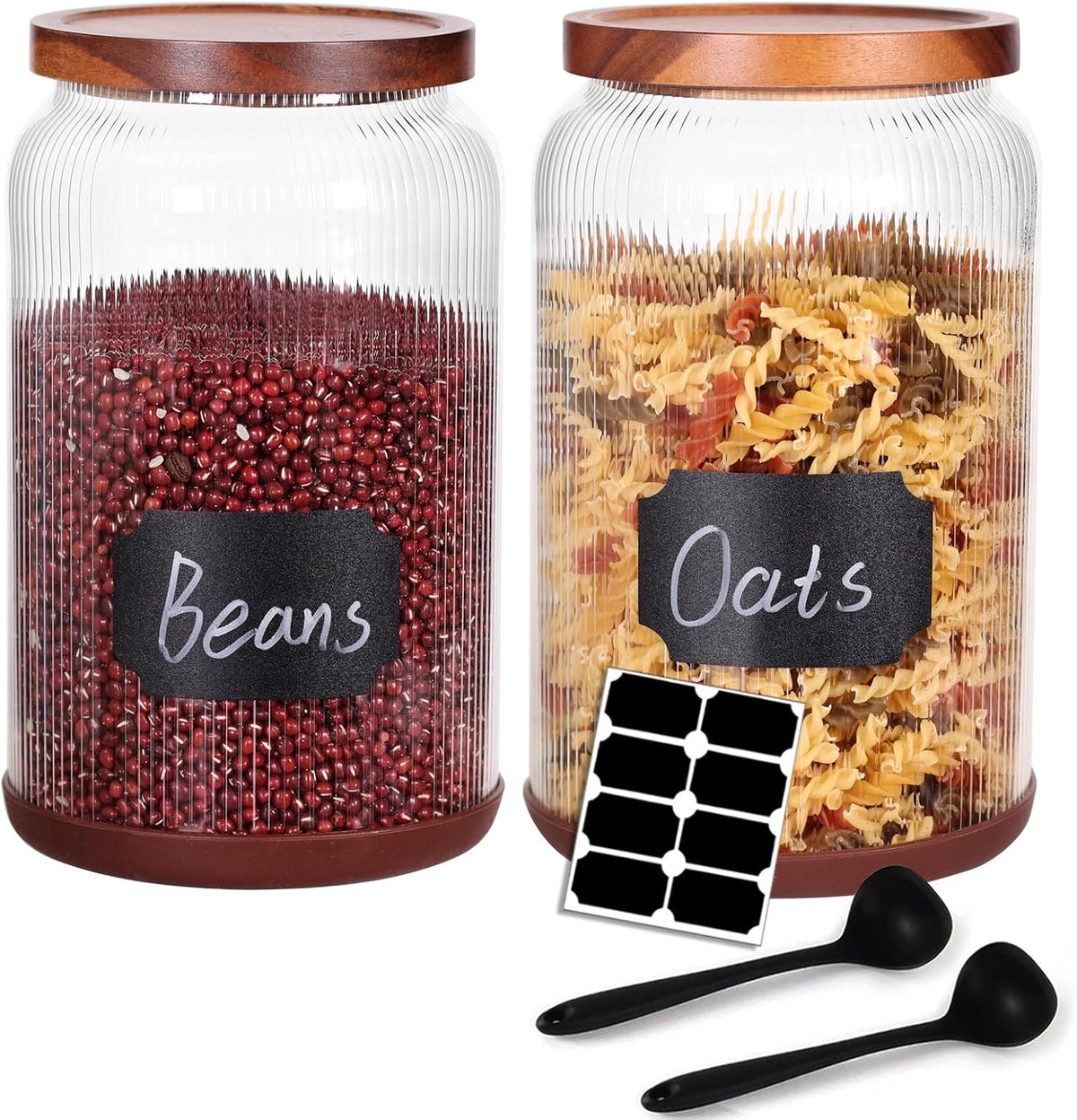 SAIOOL 2-Pack Striped Borosilicate Glass Airtight Canisters - Big mouth Large Capacity, Acacia Wood