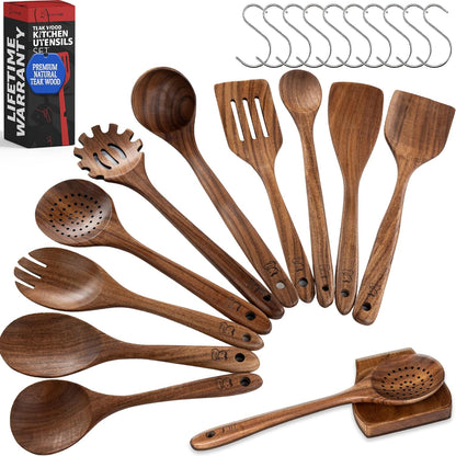 PriorityChef Premium Wooden Spoons for Cooking - 10pc with Spoon Rest and Hanging Hooks, Smooth
