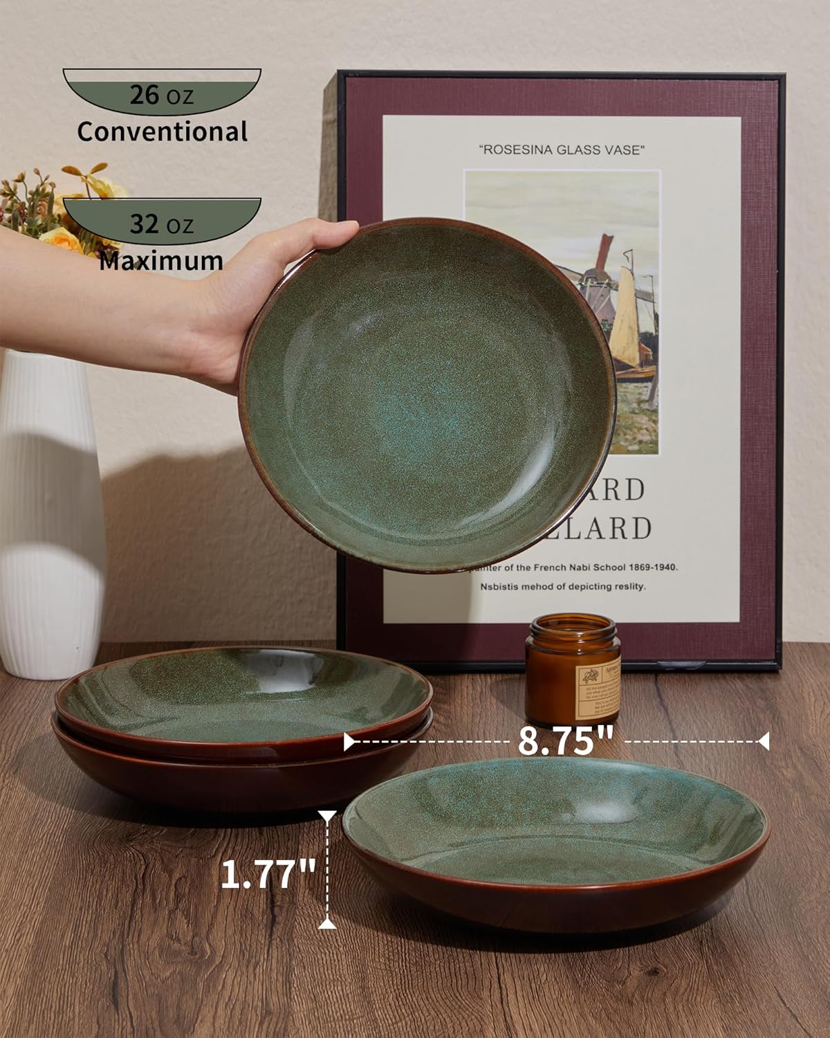 12 Piece Dinnerware Sets with Pasta Bowls, Stain Resistant Dish Set, Easy Cleaning Dishes