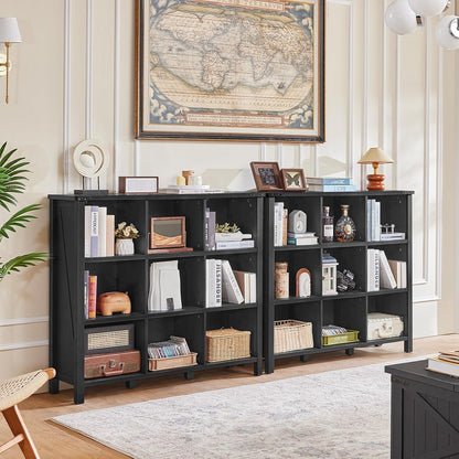 9 Cube Bookcase, Farmhouse 47 Inch Wide Black Bookshelf, Wooden 3 Tier Display Large Open Book