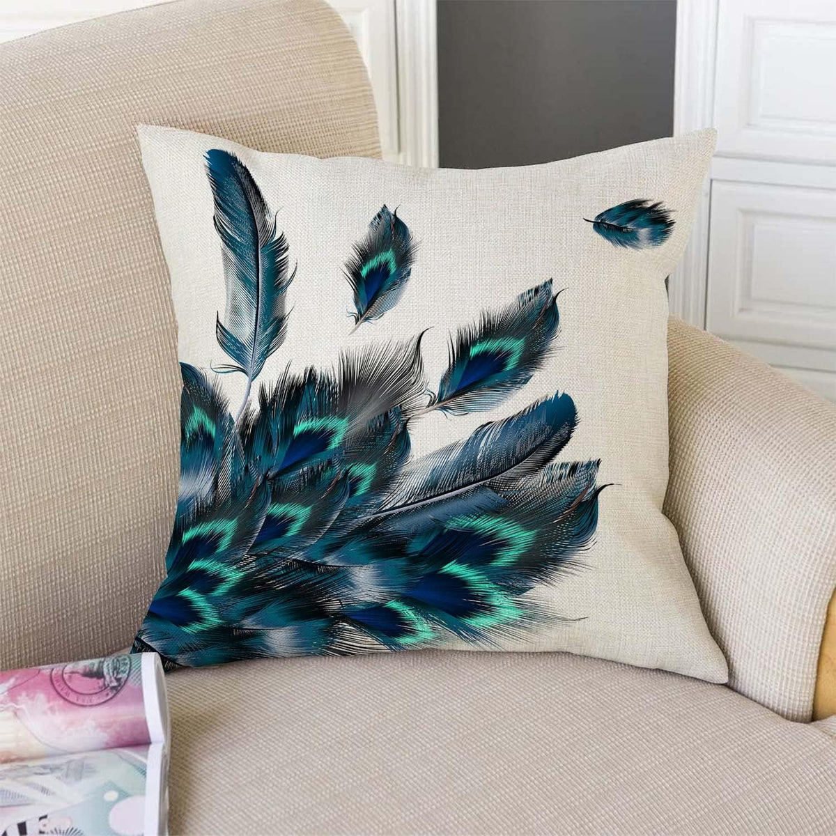 TSSOHU Peacock Feather Watercolor Throw Pillow Case Cushion Cover Couch Sofa Decorative Square