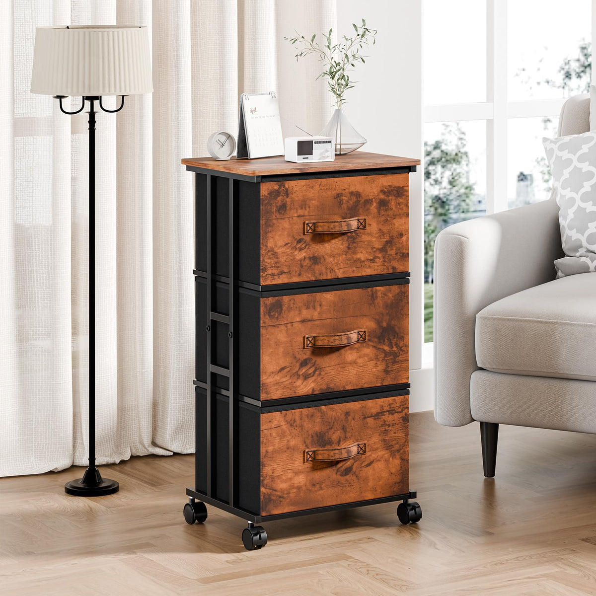DUMOS Fabric Dresser 3 Drawer Storage Chest, Rolling Storage Tower, Rust
