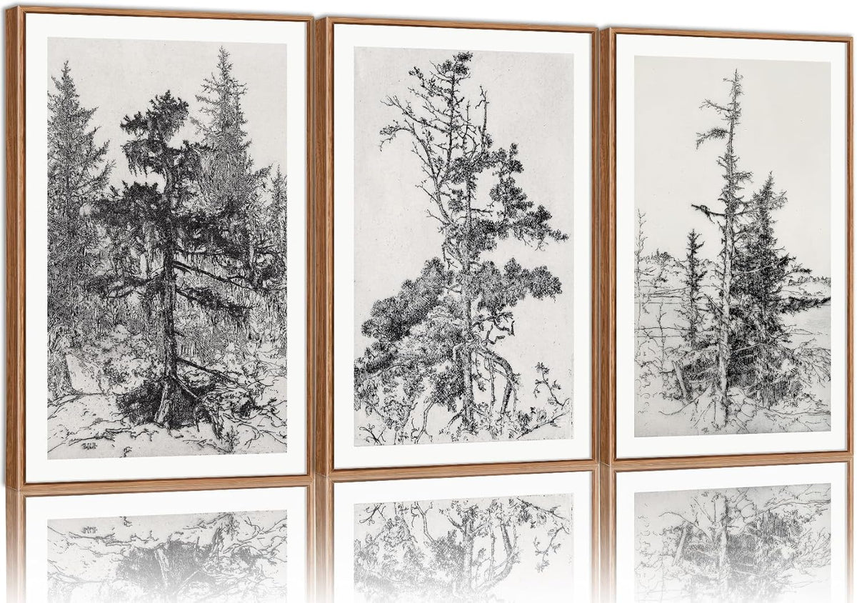 SIGNINART Vintage Tree Framed Wall Art Set , Black and White Antique Sketchbook Forest Painting