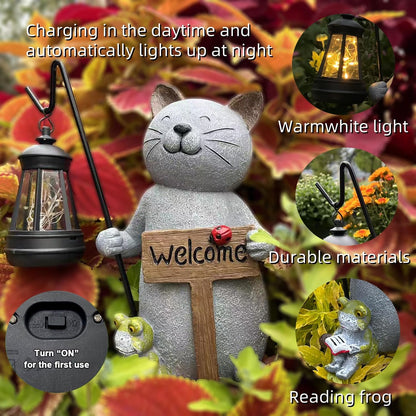 Cat Garden Statue with Solar Lantern: Cat Outdoor Figurine Decorations -Solar Garden Statue Decor