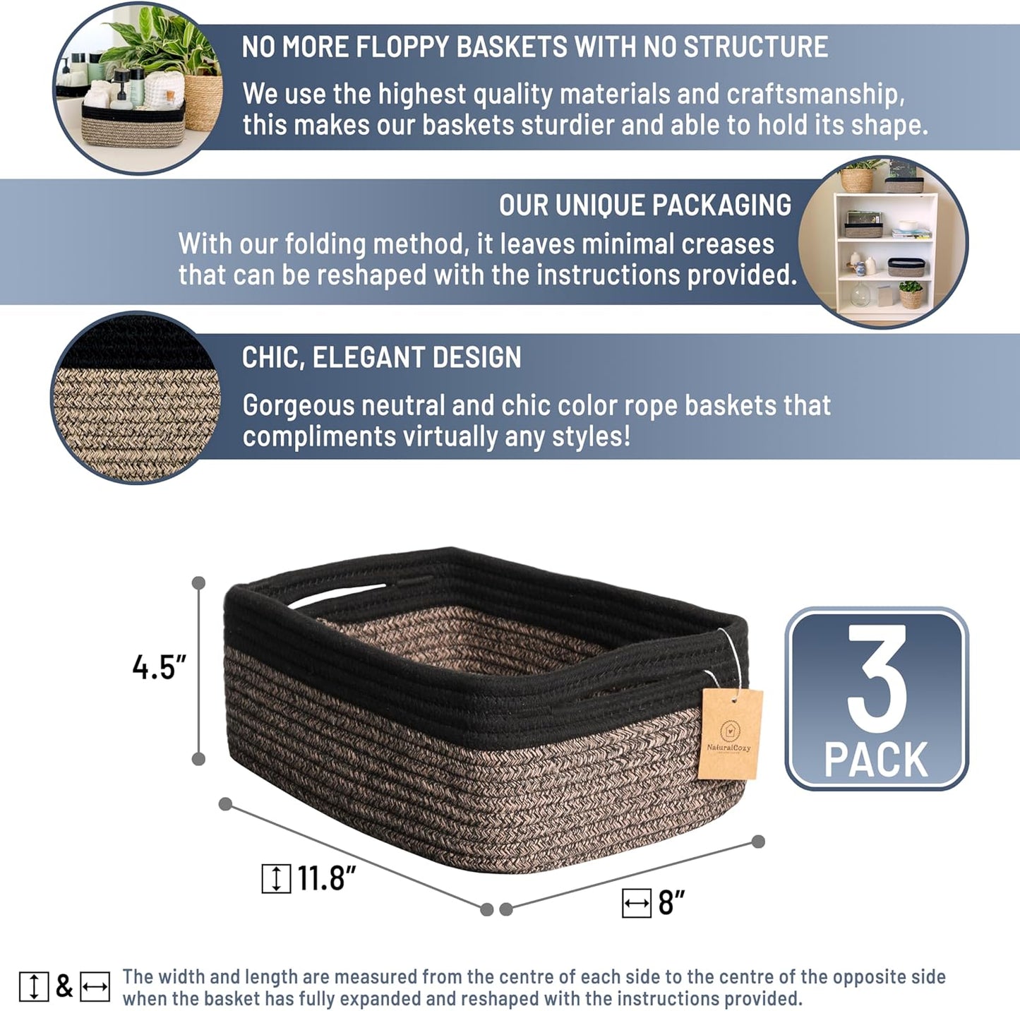 NaturalCozy 11.8"x8"x4.5” Rectangle Storage Baskets for Shelves 3 Pack | Cotton Rope Woven Small