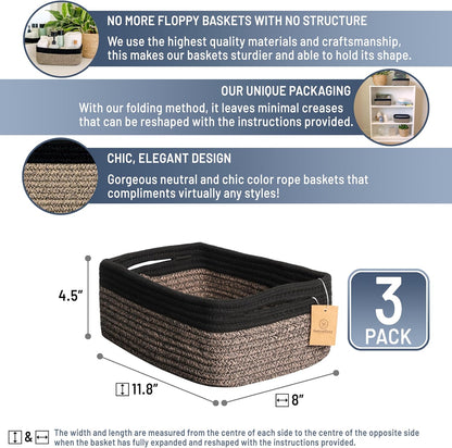 NaturalCozy 11.8"x8"x4.5” Rectangle Storage Baskets for Shelves 3 Pack | Cotton Rope Woven Small