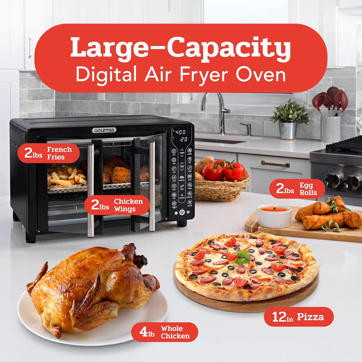 Gourmia Toaster Oven Air Fryer Combo 17 cooking presets 1700W french door digital air fryer oven