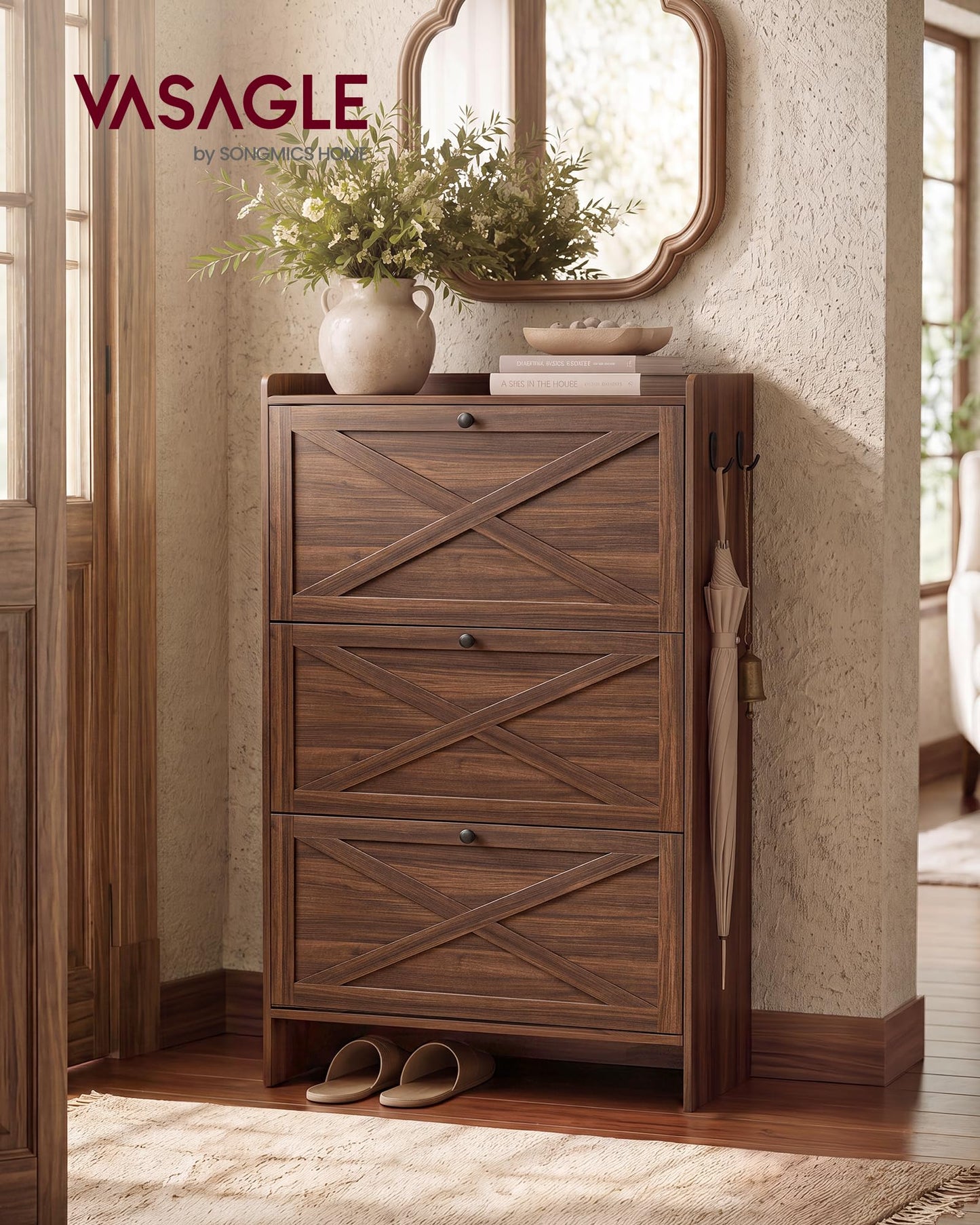 VASAGLE Shoe Storage Cabinet Organizer with 3 Flip Drawers, Freestanding Narrow Shoe Rack Cabinet
