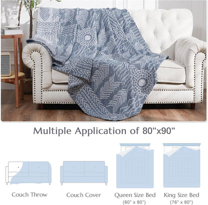 jinchan Boho 100% Cotton Muslin Blanket 3-Layer Queen Size 80x90 Inches Geometric Blue Lightweight