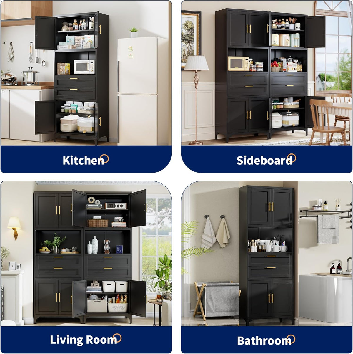 75” Tall Kitchen Pantry Storage Cabinet, Metal Storage Cabinet with 2 Drawers and Adjustable